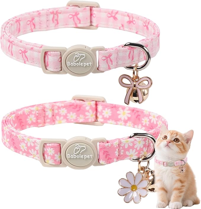 2 Pack Pink Cat Collars - Cute Bow & Daisy Breakaway Cat Collar with Bell & Matching Pendant, Soft Adjustable Spring Summer Girly Kitten Collars for Girl Cats
