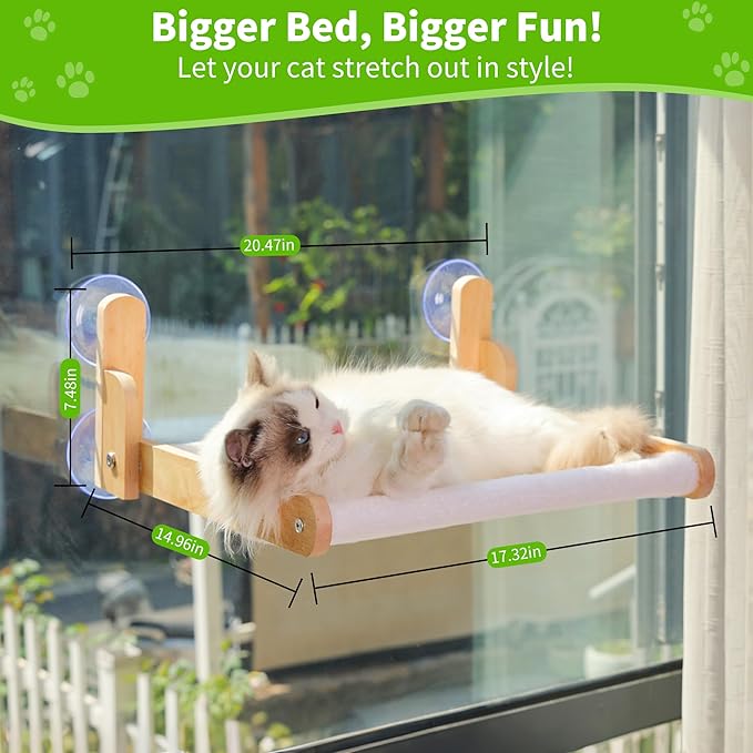 Cat Window Perch with Wooden Frame – Aloxina Foldable Cat Hammock Bed for Indoor Cats, Soft Rabbit Fur Cover, Washable, Strong Suction Cups, No Drilling, Supports Large Cats