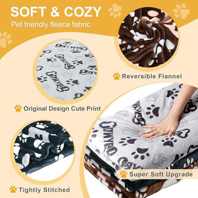 Premium Dog Blankets for Small Dogs & Cat Flannel Blanket Washable, Soft Pet Throw Cover for Kennel Crate Bed, Cute Paw Pattern, 31x23 inch,Black/Grey/Brow