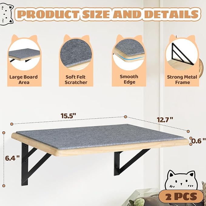Burlywood Cat Furniture Indoor Set of 2: Wood Shelves with Scratching Pad, Climbing Shelf for Sleeping & Playing, Window Perch for Big Cats