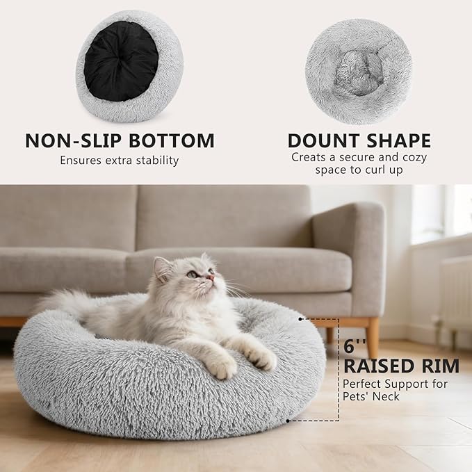 MIXJOY Calming Cat Beds for Indoor Cats, 20'' Kitten Donut Bed for Pet Up to 15lbs, Fluffy Small Cat Cuddler Bed, Anti-Anxiety Plush Faux Fur Large Cat Bed Washable (20'', Grey)