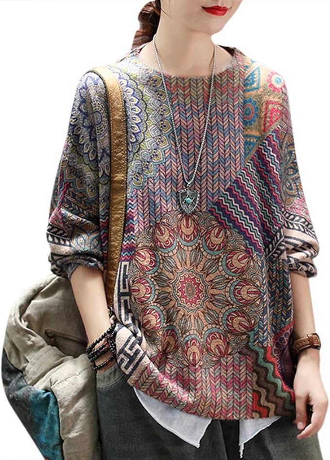 YESNO Women Christmas Sweater Graphic Printed Oversized Pullover Sweaters Casual Loose Knit Tops S01