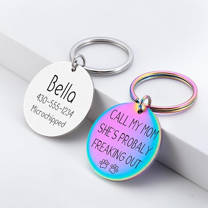 Funny Personalized Dog Tag, Customized Dog Collar with Name Tags Plate, Call My Mom! She's Probably Freaking Out,Cute Pet Tag Keychain for Dogs Cats Owner, Pet Name Tag Double Sided Engraved