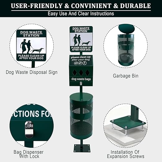 Dog Waste Station, 12 Gallons Pet Waste Bin, Outdoor Dog Waste Disposal System, for Backyard Commercial Park
