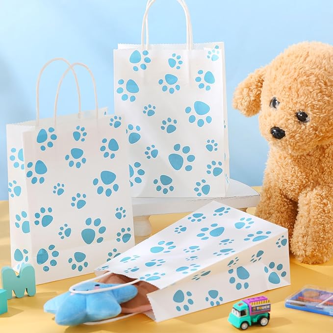 Blulu 20 Pcs Puppy Dog Paw Gift Bags with Paper Twist Handles, Dog Gift Paper Paw Treat Goodie Bags for PET Treat Party Favor, 6.3 x 3.1 x 8.6 Inch(White Backing, Blue Paws)