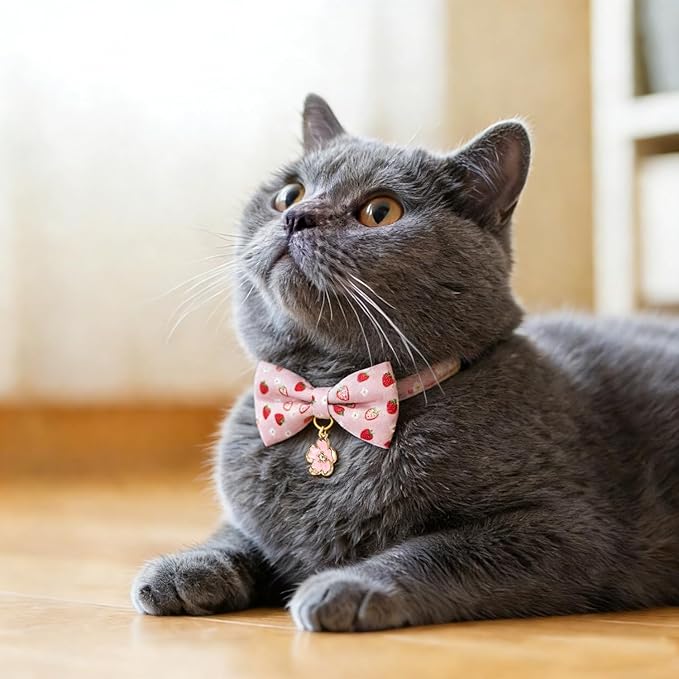 2 Pack Floral Cat Collars with Bow Tie and Bell Adjustable Breakaway Bowtie Cute Kitten Collar(White Heart & Pink Strawberry)