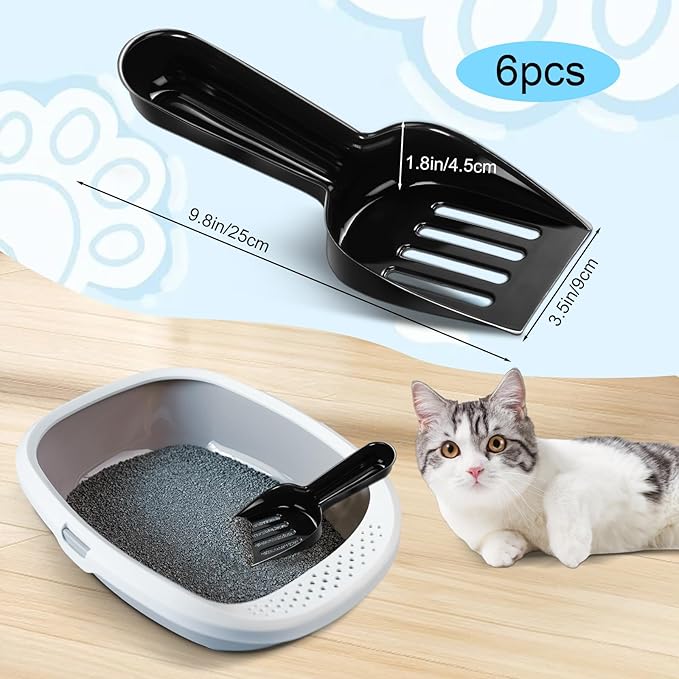 Bokon 6 Pack Disposable Cat Litter Scoop with Wide Slats Plastic Travel Kitty Poop Scooper for Cat Rescue Center Temporary Use When Traveling with Pets(Black)