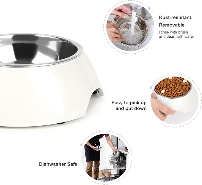 Elevated Dog Bowls Set - Non-Slip Raised Pet Feeder with Medium (10 oz) & Large (20 oz) Stainless Steel Bowls - Includes Durable Resin Stand for Corgi Puppies and Adult Cats - White