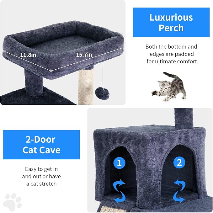 Cat Tree Tower, 36.4" Small Cat Tower for Indoor Cats with Cat Scratching Post with Bed, Cat Condo, Hang Ball, Multi-Level Cat Climbing Tower Cat Trees Cat Furniture Activity Center, Dark Grey