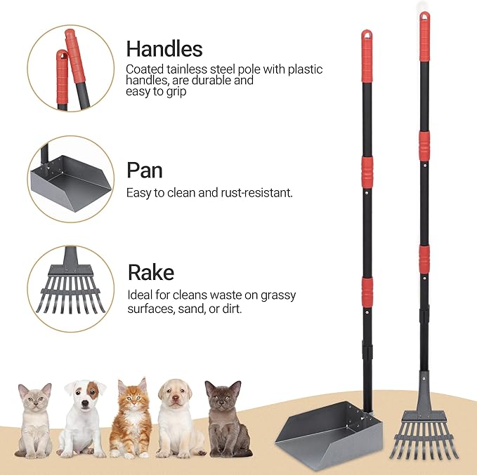 Heeyoo Dog Pooper Scooper, Dog Poop Tray and Rake Set, Pet Waste Removal Scoop with Long Adjustable Sectional Stainless Handles