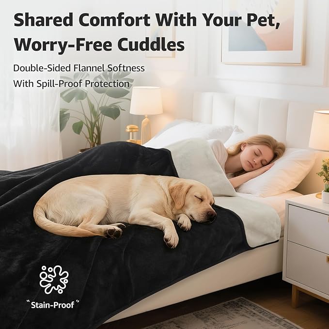 LOOBANI Waterproof Blanket for Bed: Reversible Soft Flannel Twin Bed Blanket 60" x 80", Leakproof Throw Spill-Proof Dog Pet Blanket for Couch, Sofa Protect, Movie Time, Camping, Travel, Black & Beige