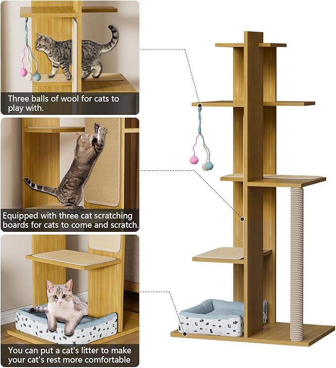PAKASEPT 65.5" Tall Cat Tree, Multi-Level Modern Cat Tower with Sisal Scratching Posts, Cat Bed, Cat Balls, Freestanding Wooden Cat Activity Center, Cat Tree Tower for Indoor Small Large Cats