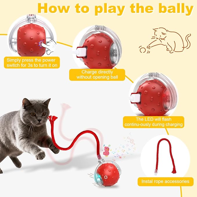 2-Pack Interactive Cat Toys Ball for indoor Cats＆Dog,Automatic Cat Toy with Smart Obstacle Avoidance & Bird Chirps ,Includes 4 Cat Spiral Spring,Cat Enrichment Toys for Indoor Cats(Red＆Yellow)
