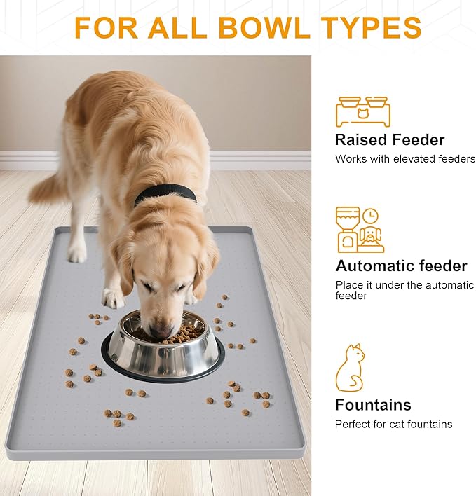 Mofason Pet Food Mat Waterproof Dog Mat 24”x16” Large – 0.5” inch Raised Edge,Pet Silicone Feeding Placemat Water Bowl Tray for Floors, Nonslip Washable Dog Mat for Food and Water
