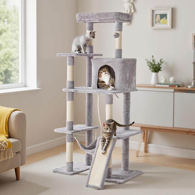 DUMOS Large 63in Cat Tree Tower, Multi Level Cat Climbing Tower with Condo, Natural Sisal Scratching Posts, Extended Platform, Hammock, Pet House for Indoor Cats and Kittens Play, Light Grey