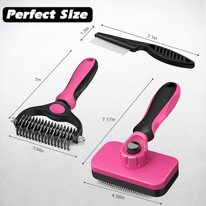3PCS Self Cleaning Slicker Brush & Pet Grooming Rake & Flea Comb for Dogs,Cats and Horses | Double-Sided Dematting Comb & Skin Friendly Deshedding Grooming Tool (Red Black)