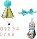 Christmas Pet Party Jazz Hat and Blingbling Bow Tie Breakaway Collar Set, Adjustable Headband for Kitten Puppy Small Dogs Cats (Light Blue+Number)