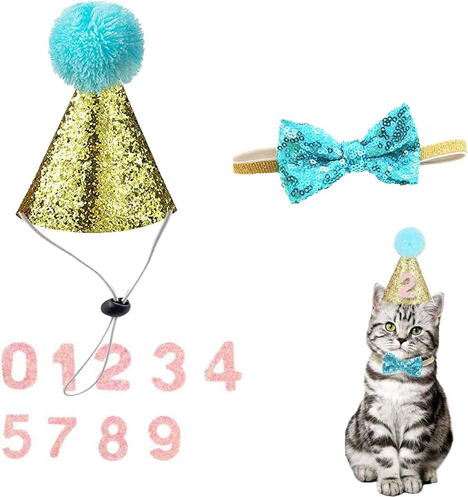 Christmas Pet Party Jazz Hat and Blingbling Bow Tie Breakaway Collar Set, Adjustable Headband for Kitten Puppy Small Dogs Cats (Light Blue+Number)