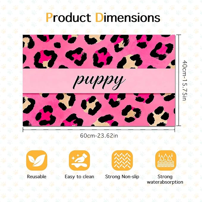 Puppy Feeding Mat 24x16 inch Hot Pink Leopard Print Pet Bowl Placemat Non Slip Floor Mat for Food and Water Indoor Dog Feeding Station Cute Meal Pad for Small Pets Kitchen Use