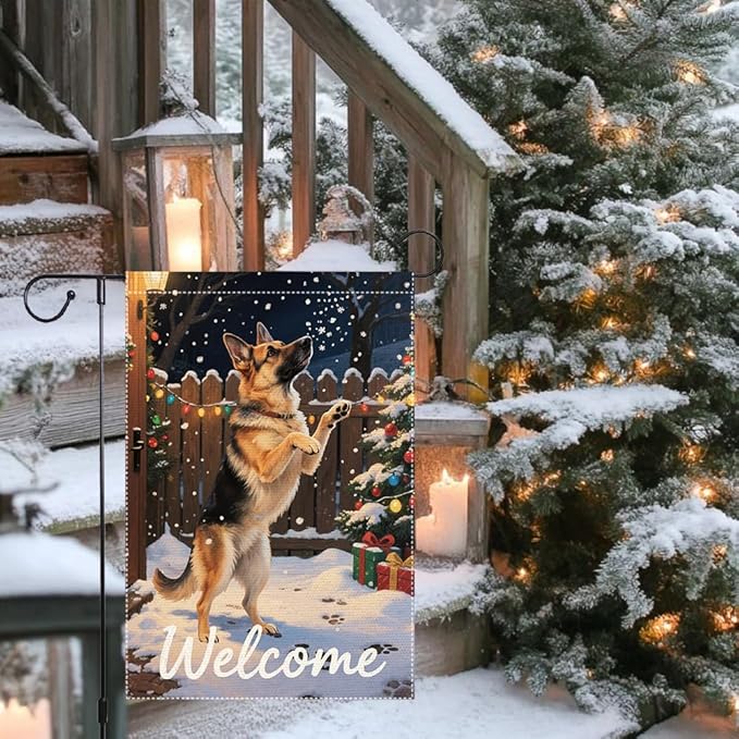 German Shepherd Welcome Garden Flag 12x18 Inch Double Sided Winter Christmas Burlap Yard Banner Outdoor Dog Lover Holiday Seasonal Decor for Home