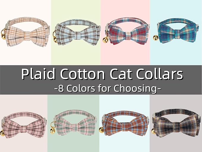 2 Pack Soft Cotton Cat Collars with Bowtie and Bell Breakaway Plaid Cat Kitten Collar(Ocean Blue and Mocha Tweed)