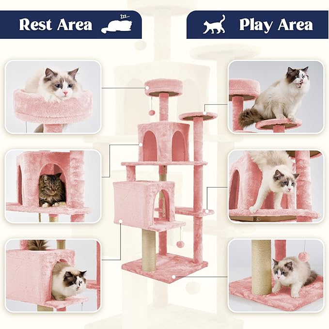 58.5inch Large Cat Tree Tower Condo for Indoor Cats, Soft Plush Multi-Level Climbing Tree Cat House with 1 360° Rotating Cat Cave, Scratching Post, More Entrance/Exit, Sisal Rope, Pink