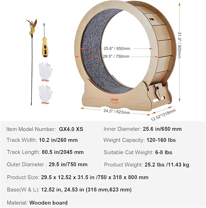 VEVOR Cat Exercise Wheel, Large Treadmill Wheel for Indoor Cats, 29.5 inch Wheel with Detachable Carpet and Cat Teaser for Running/Walking/Training, Suitable for Most Cats
