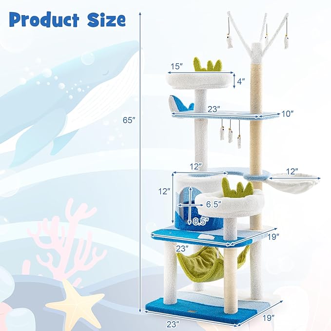 Tangkula Ocean-Themed Cat Tree, Multi-Level Cat Tower with Sisal Scratching Posts, Condo, Perch, Hammock, Jump Platforms, Hanging Interactive Toys, Cute Cat Activity Center for Indoor Cats (65 Inch)