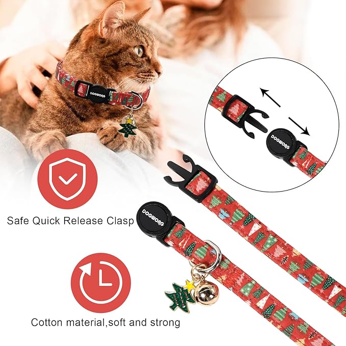 2 Pack Christmas Cat Collars Breakaway with Bell, DOGWONG Safety Buckle Christmas Snowman Cute Cat Collar for Girl Boy Cats，Adjustable 7-12 Inch