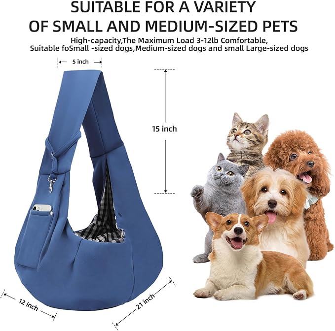Dog Carrier Sling - Reversible Puppy Carrier Purse with Storage Pocket, Hand-Free Dog Sling Carrier for Carry Small Dogs and Cats, Travel Safety Harness, Dog and Cat Harness(Blue)