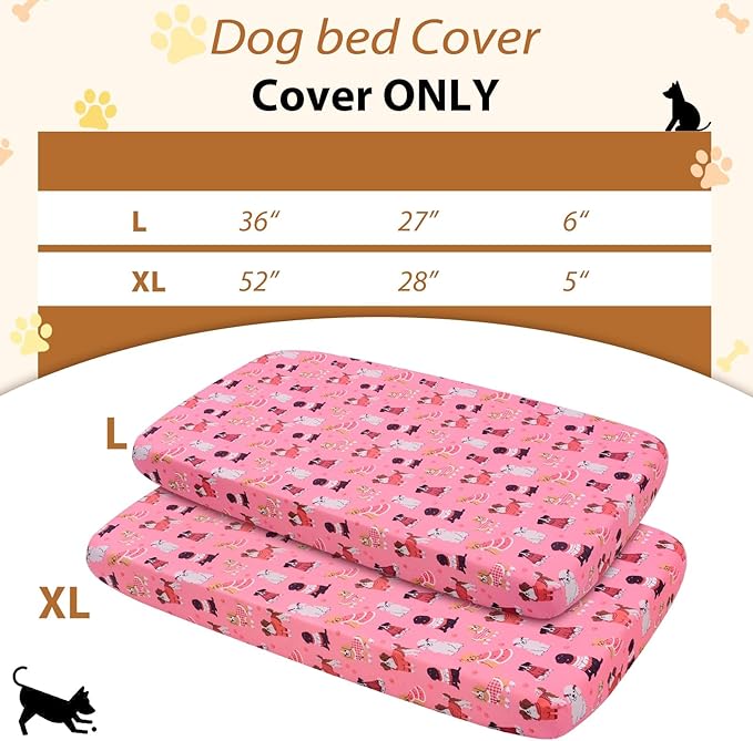 Replacement Dog Bed Covers Elastic Edged Washable Pet Bed Protector with Pink Dog Pattern Design for Medium & Large Pet Beds, Cover Only (Pink, 52.0" L x 28.0" W x 5.0" Th)