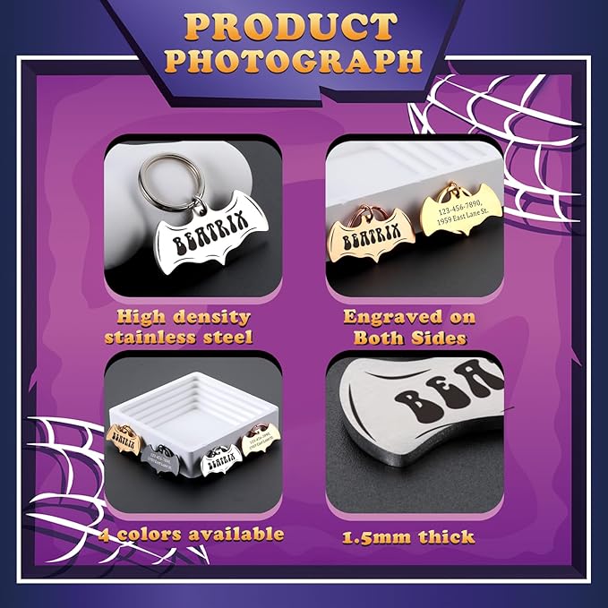 Dog Tags Personalized for Pets - Bat Shape Dog Tag, Customized Pet ID Tag for Black Cat, Witch Friendly Cat Tags, Funny Spooky Dog Name Tag, Stainless Steel Dog ID Tag Engraved on Both Sides