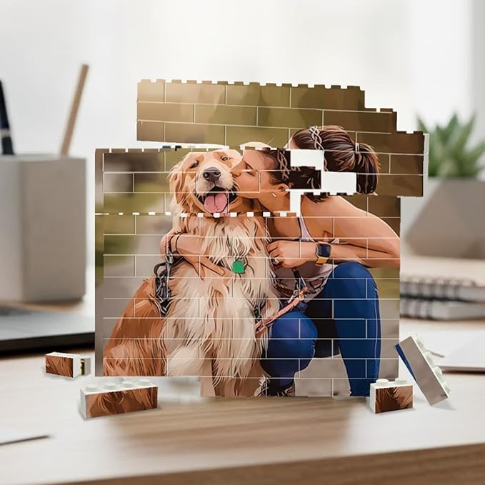 NAZENTI Custom Pet Memorial Photo Building Block gifts for Dog Lover, Personalized Dog & Girl Watercolor Photo Block for Dogmom, Pets Puzzle Gift for Birthday, Custom Home Decor for Family