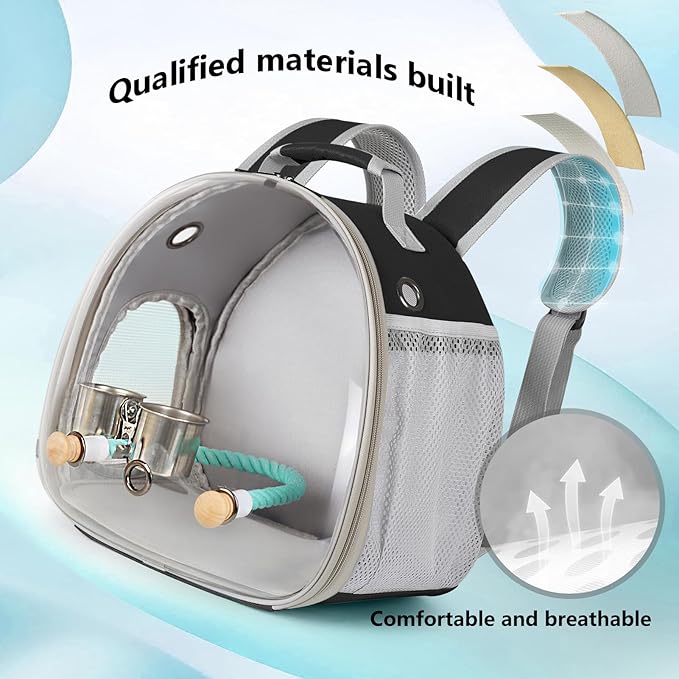 Small Bird Travel Backpack Carrier Cage with Cups, Backpack to Transport Backpack Carrier with Clamp Cups Stand Perch for Parakeet Cockatiel Budgies Vet Carry Book Bag Black