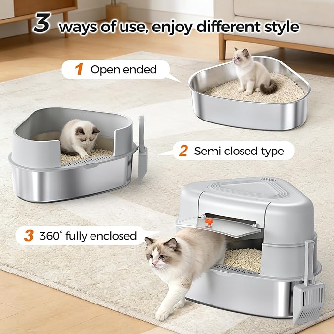 XL Stainless Steel Corner Cat Litter Box with Lid - Sturdy, No Odor & Space-Saving Hidden Design for Large Cats, Grey