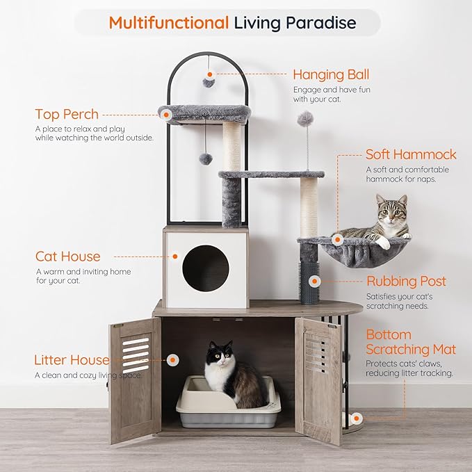 HOOBRO Cat Tree with Litter Box Enclosure, Arched All-in-One 31.5" Cat Tower with Hidden Litter Box Furniture for Indoor Cats, Versatile Cat Condo with Sisal Posts, Hammock, Greige and Gray BG45MZ03