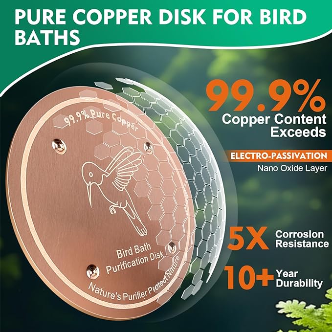 1 Pcs Copper Disc for Bird Bath | 99.99% Pure Copper Plate & Birdbath Disk | 0.6mm Thick Reinforced Design | Maintains Clean Water Naturally | Fits All Birdbath Bowls Year-Round (Bird Style 3)