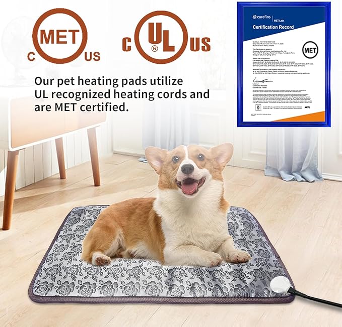 Dog Heating Pad 28x18in with Smart Thermostat Switch and Power Line Protection Tube,Obtained MET and UL Dual Certification,Waterproof Puppy Heating pad-Rose
