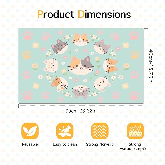 Cat Feeding Mat 24x16 inch Kitten Print Pet Bowl Placemat Non Slip Floor Mat for Food and Water Indoor Kitty Feeding Station Cute Meal Pad for Small Pets Kitchen Use