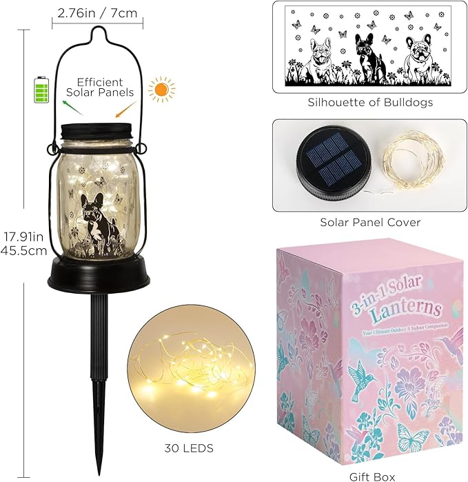 French Bulldog Frenchie Gifts for Women/Men French Bulldog Solar Lanterns Dog Mom Birthday Dog Lovers Lantern Pet loss Pet Memorial Lights Solar Garden Decoration Yard, Patio,Backyard,Porch Torches