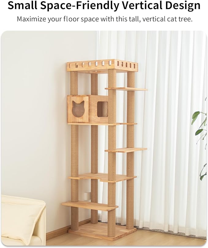 74" Wooden Cat Tree Tower for Large Cats, Multi-Level Cat Climbing Furniture with Scratching Posts, Cat Condo & Hammock, Natural Wood Cat Activity Center(Brown)