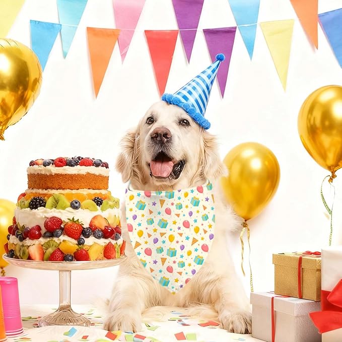 Birthday Dog Bandanas, Double Side Reversible Large Pet Bandanas, Celebration Adjustable Triangle Holiday Scarves for Dogs Girl Boy Pets