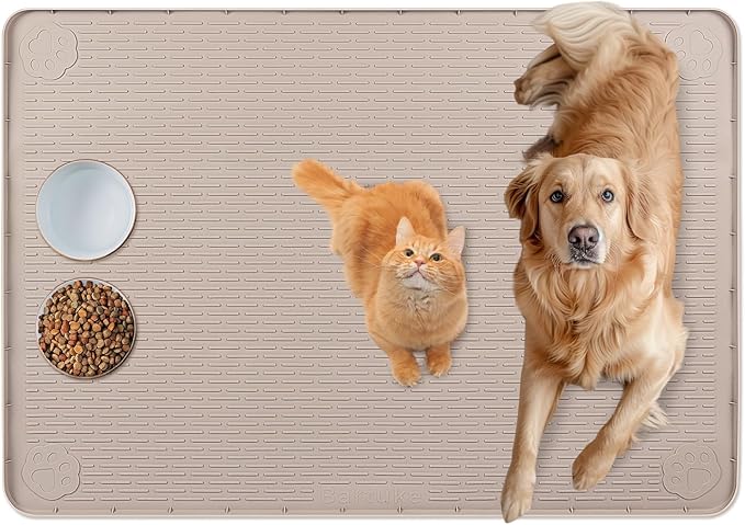 Cat Food Mat, 34" x 22" Large Silicone Pet Feeding Mat for Food and Water Bowls Non-Slip, Easy to Clean (Khaki)
