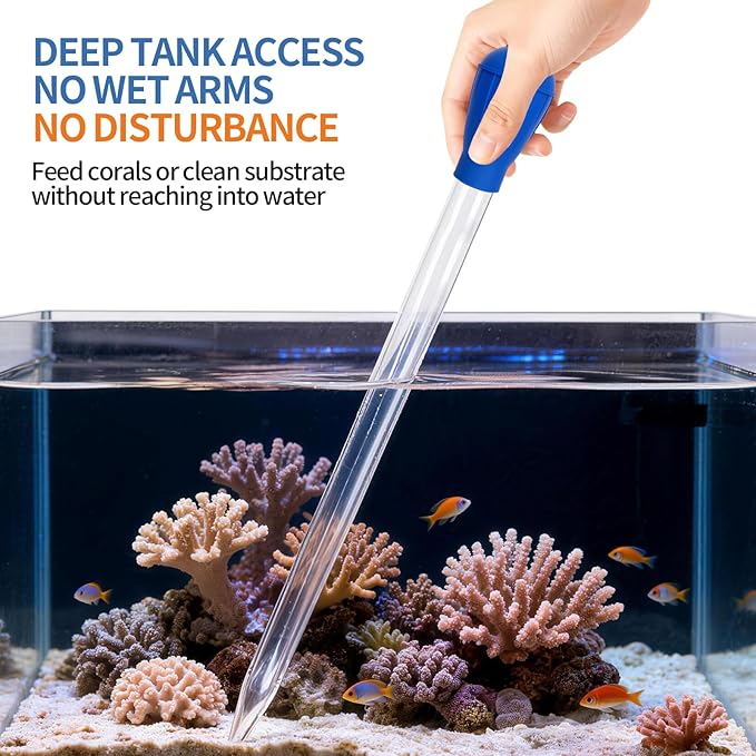 Extra Long Aquarium Coral Feeder Tool with Extension Tube, Deep Tank Fish Feeding Pipette, Long Pipette for Coral and Fish Feeding,Reef Tank Maintenance Accessories（17.7in&11.4in）