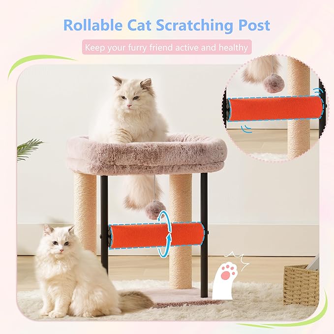 Hey-brother Cat Tree Tower with Rolling Scratching Post, Spacious Plush Platforms, Fully Sisal-Wrapped Column and Plush Toy Ball, Sturdy Bed for Indoor Kittens, 18.9 inches, Muchroom MPJ010SMU