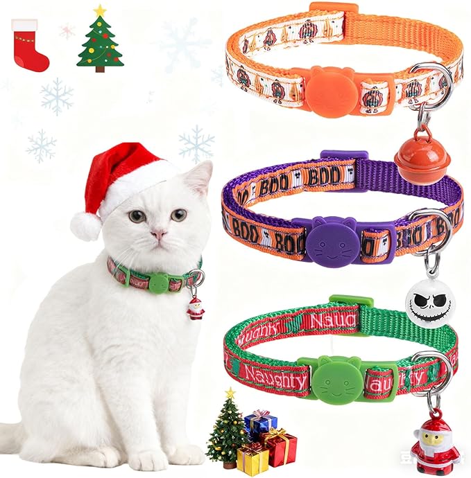 Christmas Cat Collar with Bells, Thanksgiving Cat Collar Breakaway, Halloween Kitten Collars for Girl Boy Cats, 3 Pack Fall Kitty Holiday Collars Adjustable 8-12inch