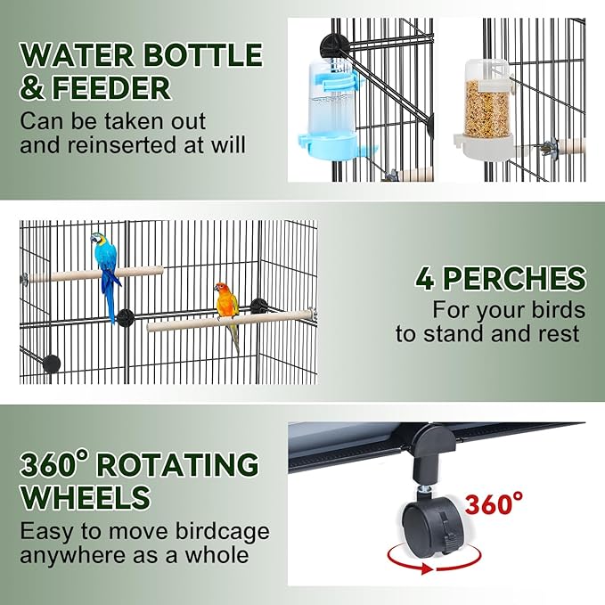 Upgraded Encrypted 46-Inch Bird Cage, with Wooden Perches, Metal Parakeet Cage with Slide-Out Tray, Water Bottle&Feeder, Bird Cages for Parrot,Parakeets,Cockatiel,Lovebird,Small Mid-Sized Birds