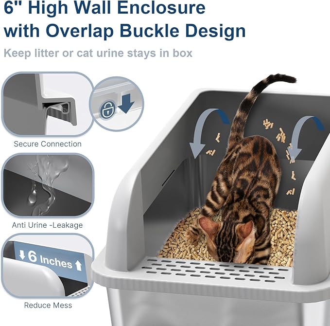 7" Deep Stainless Steel Sifting Litter Box for Pine Pellets, XL Stainless Steel Litter Box with Lid, Removable & Anti-Leakage, High Sides Metal Cat Litter Boxes for Big Cat, Non-Sticky, Easy Cleaning