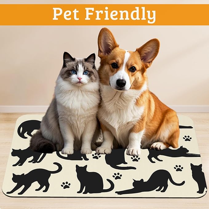 Pet Feeding Mat,Cat Silhouette Absorbent Dog Cat Food Mat Dog Mat with Rubber Backing,Non-Slip Water Bowl Placemat,Pet Supplies 12" x 20"