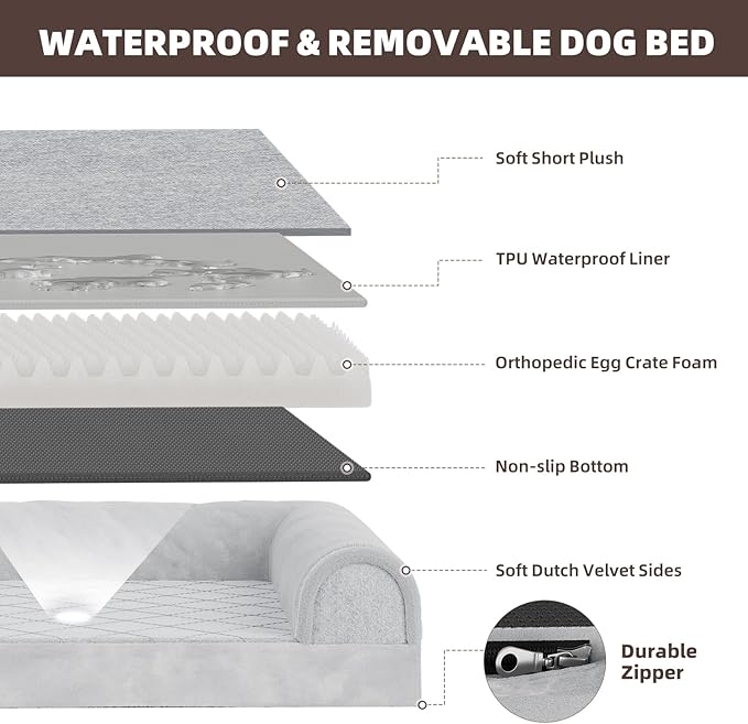 Simple Trending Orthopedic Dog Beds Large Sized, Dog Couch Sofa Bed with Washable Cover, Waterproof Egg-Crate Foam Pet Bed with Sides, Grey